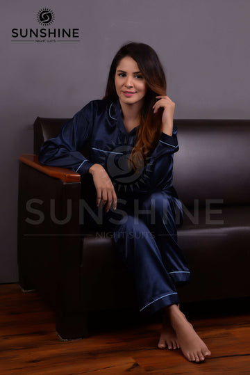Navy Blue Silk Nightdress - Dhaagey