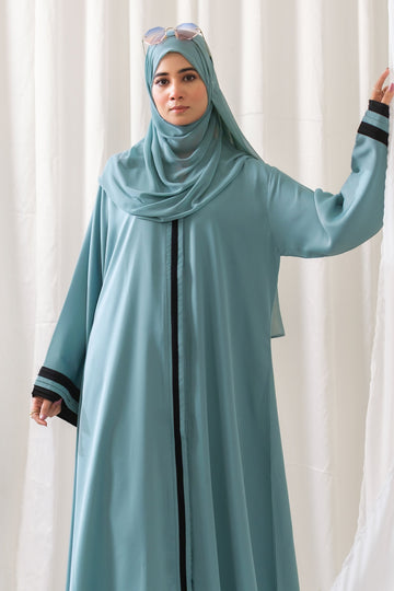 Dhaagey Aqua Serene Abaya in Imported Nidha Fabric with Black Contrast Trim, full view.