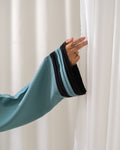Dhaagey Aqua Serene Abaya in Imported Nidha Fabric with Black Contrast Trim, Sleeve View