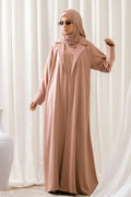 Dhaagey City Trench Abaya in Dusty Pink/Mauve, full length, showing front-open trench coat style and attached inner piece.