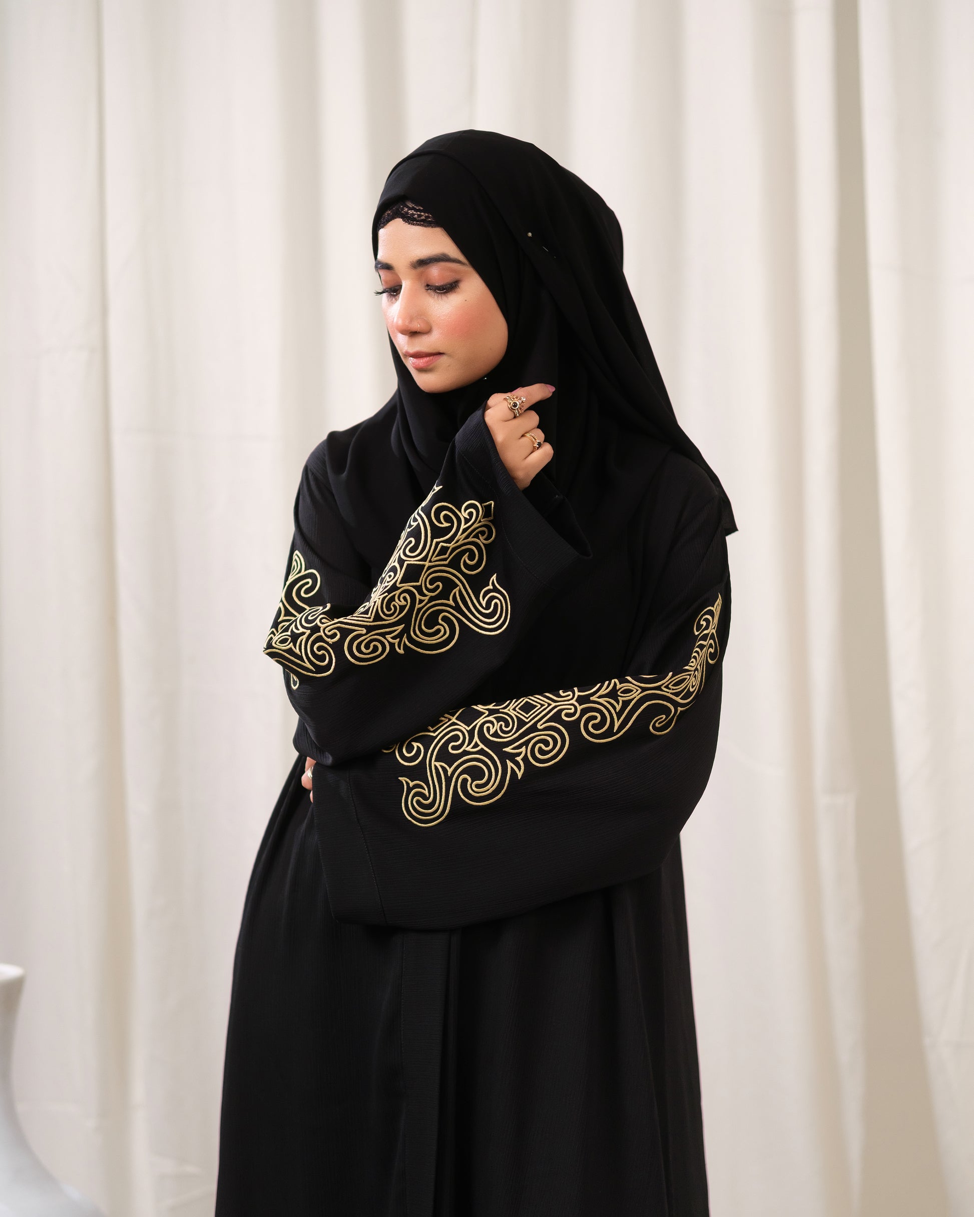 Golden Heirloom Abaya by Dhaagey front close