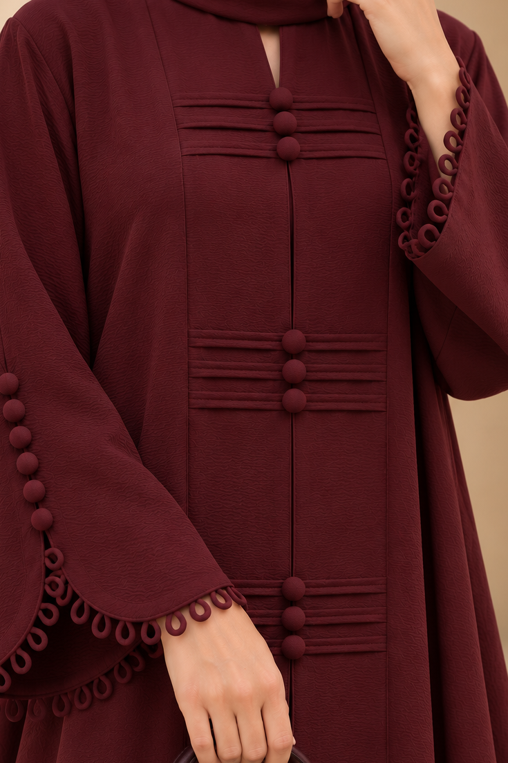 Maroon abaya with front and button detailing