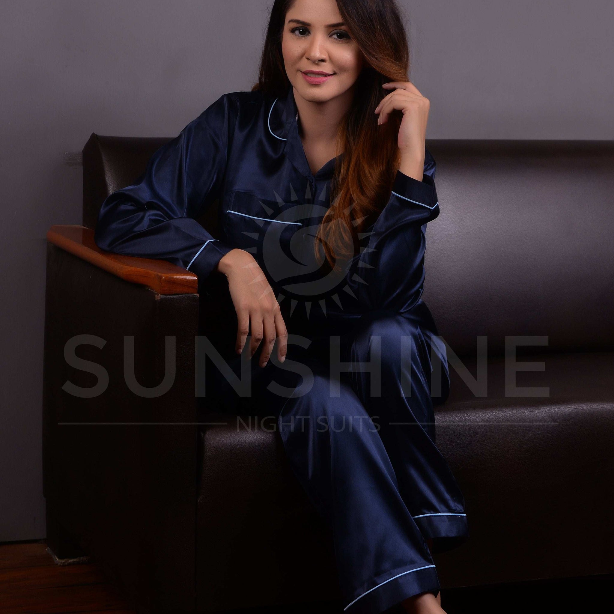 Navy Blue Silk Nightdress - Dhaagey 