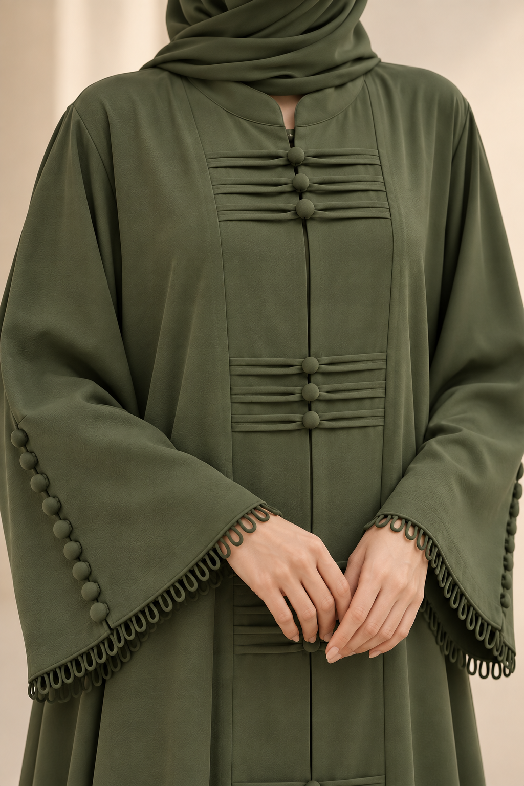 Olive abaya with front and button detailing