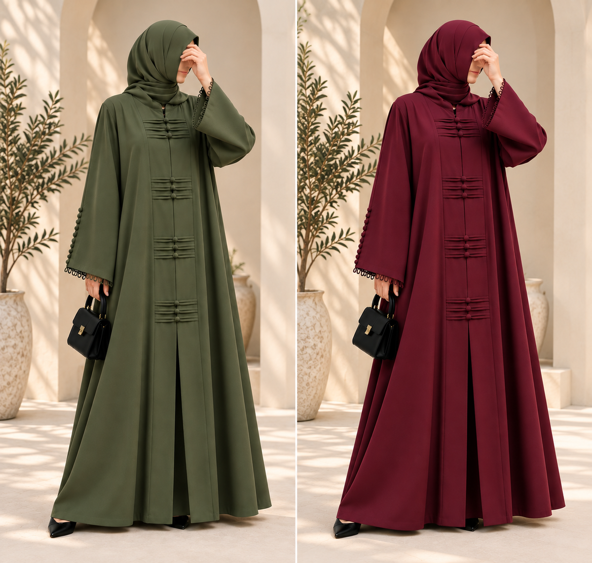 Serene Loop Abaya in olive and maroon