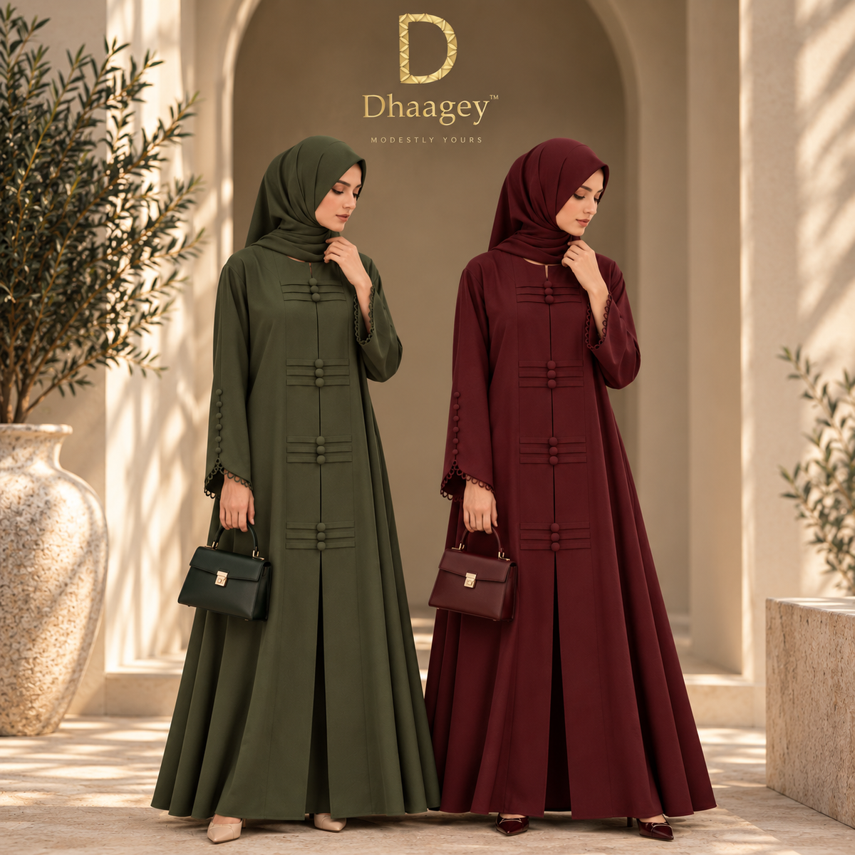 Serene Loop Abaya in olive and maroon