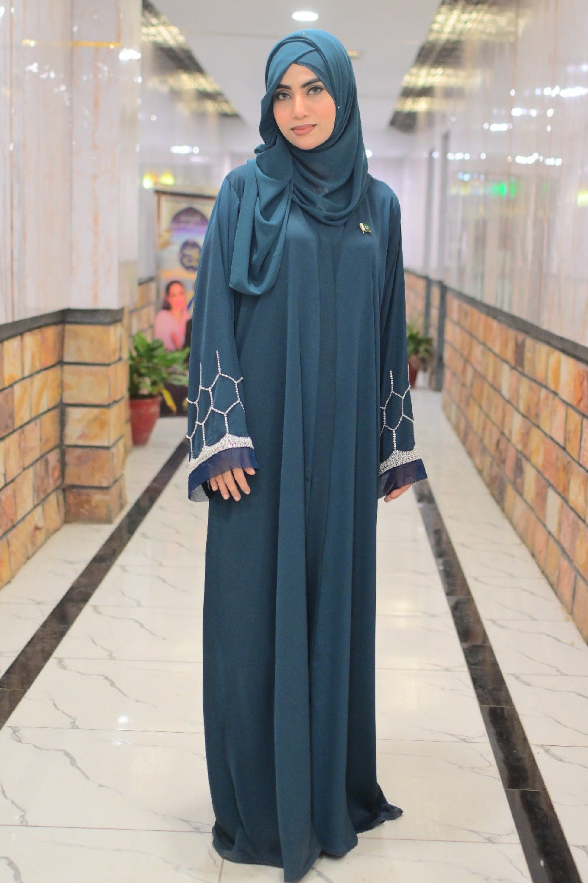 Dhaagey Azure Lattice hand-embellished deep teal abaya