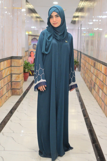 Dhaagey Azure Lattice hand-embellished deep teal abaya