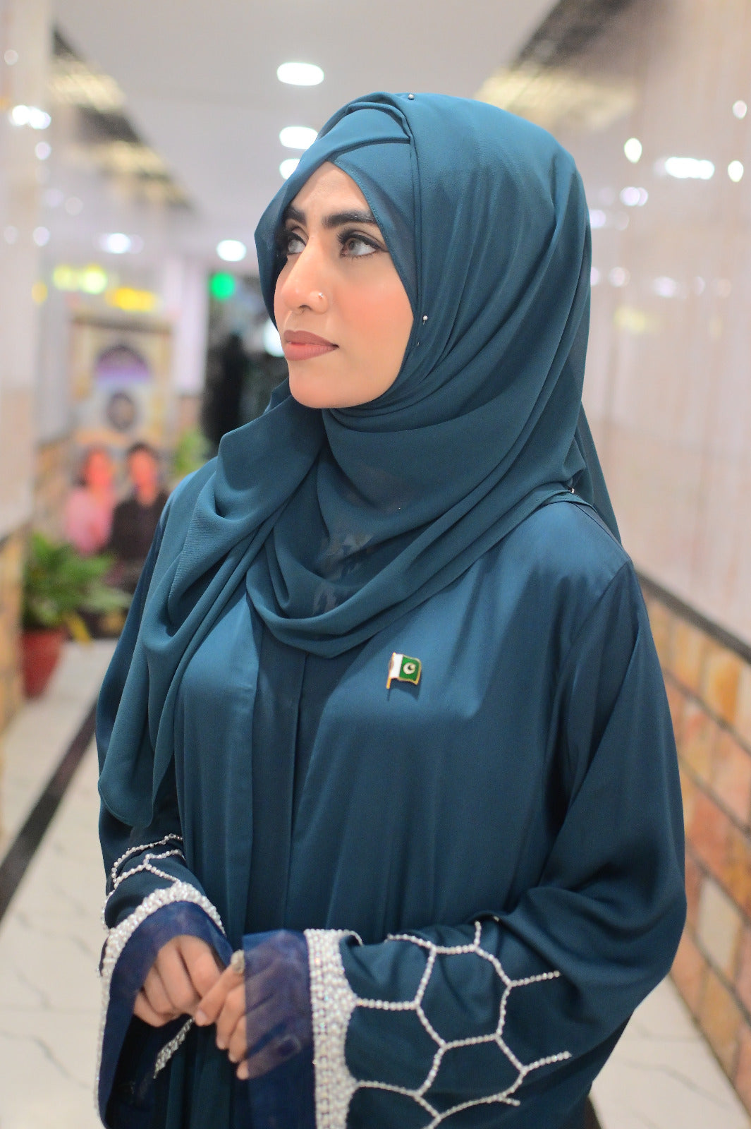 Dhaagey Azure Lattice hand-embellished deep teal abaya