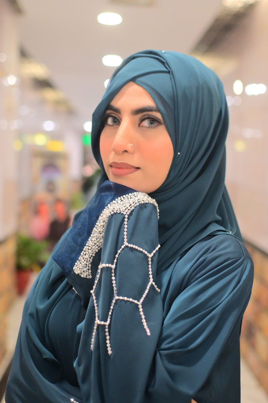 Dhaagey Azure Lattice deep teal Romantic Nidha abaya