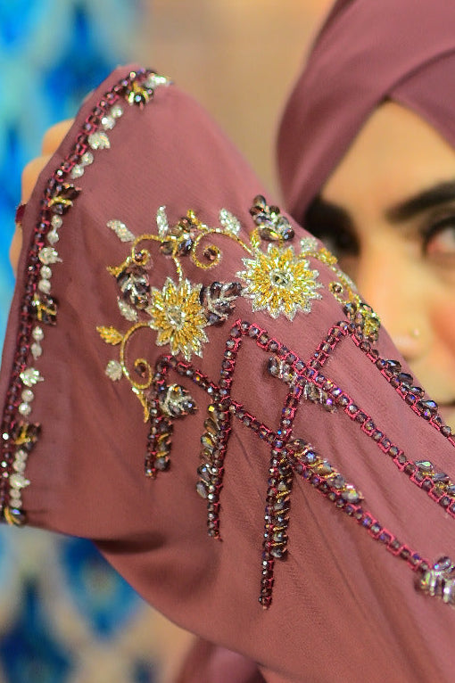 Dhaagey Evening Petal mauve abaya with hand-embellished floral sleeves