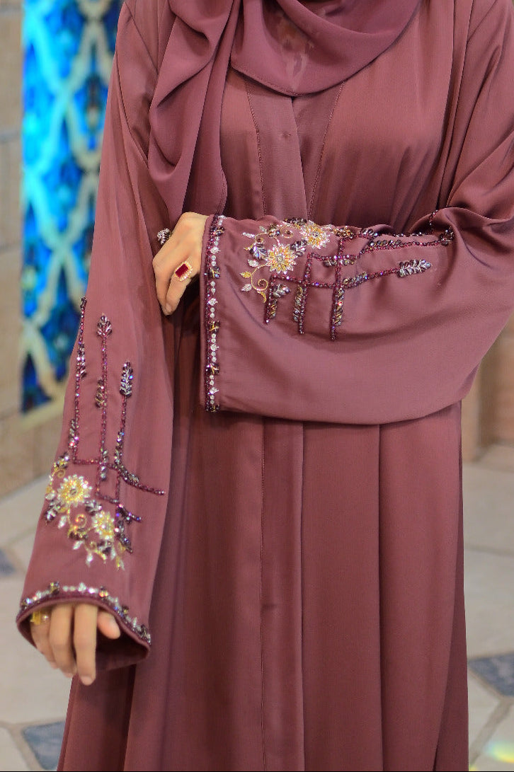 Dhaagey Evening Petal mauve abaya with matching hijab
