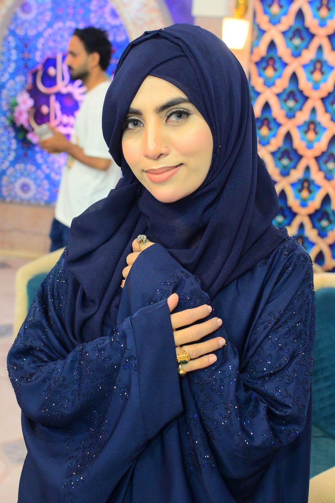 Indigo Willow hand-embellished navy butterfly abaya in premium Nidha